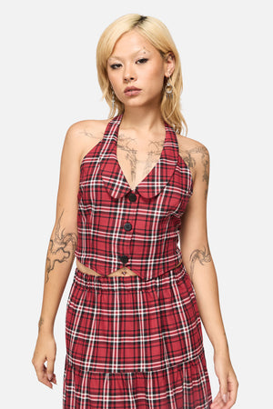 Black Friday - Louve Tartan Fitted Halter Top - red