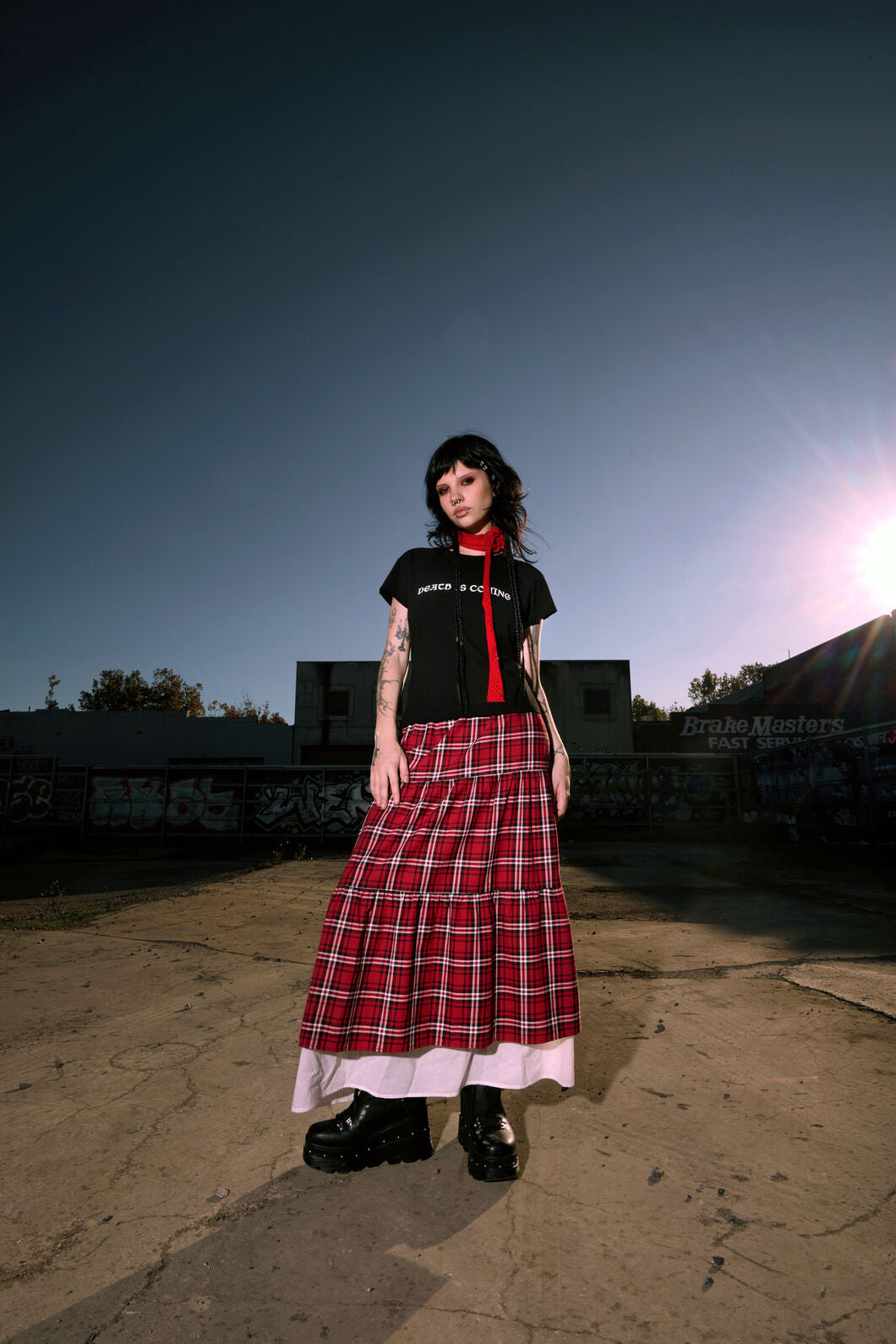Black Friday - Louve Tartan Tiered Midi Skirt - red