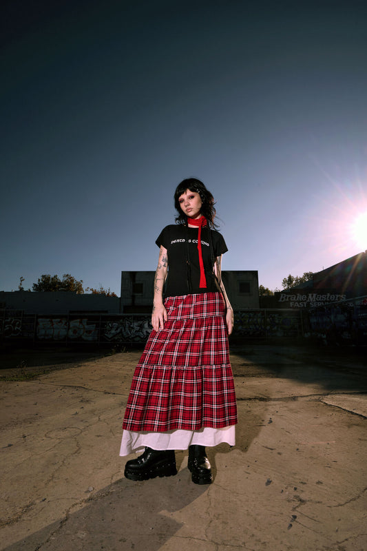 Black Friday - Louve Tartan Tiered Midi Skirt - red