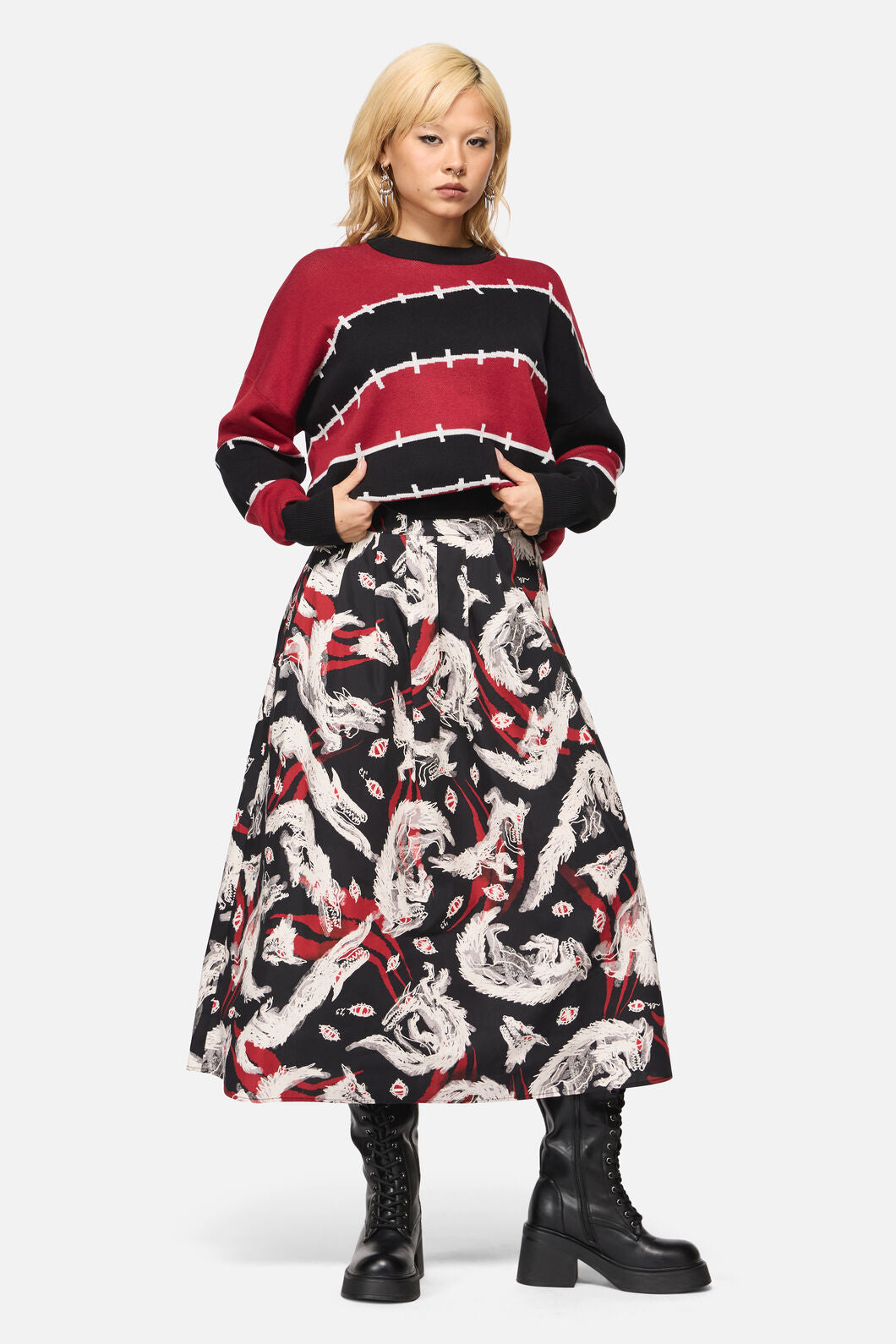 Black Friday - Louve Print Pleated Midi Skirt - black