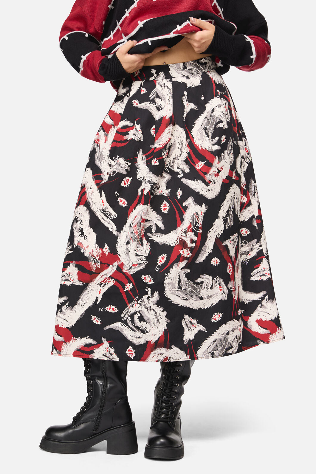 Black Friday - Louve Print Pleated Midi Skirt - black