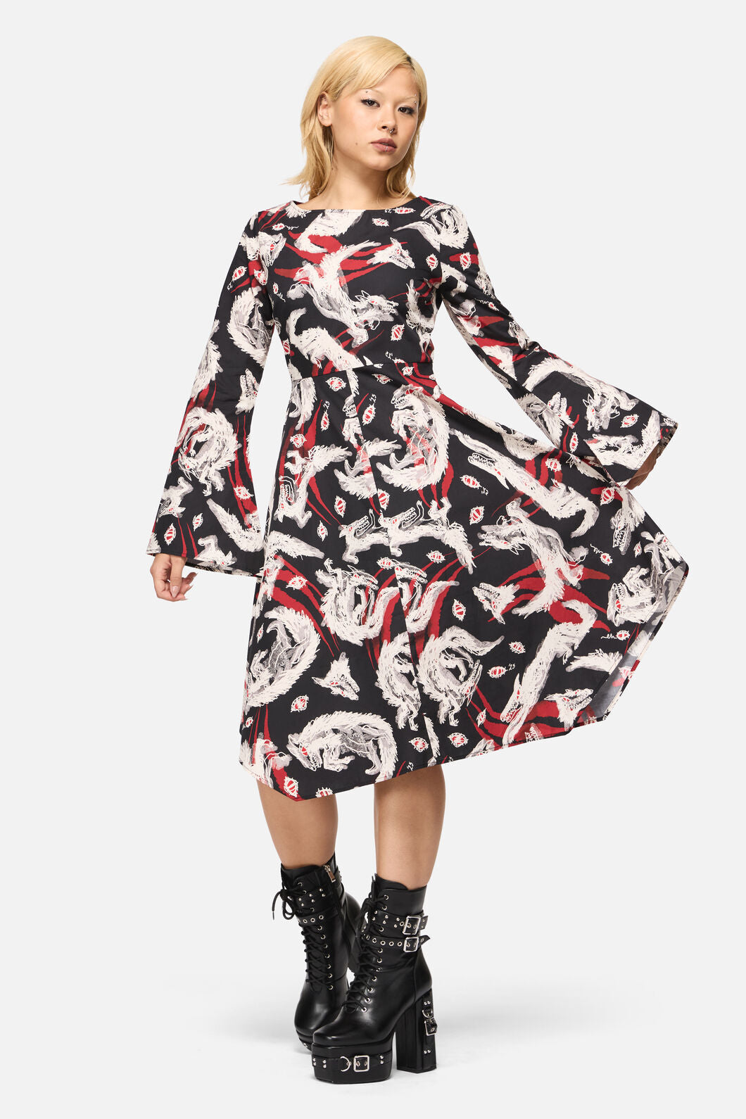 Black Friday - Louve Print Flare Sleeve Dress - black