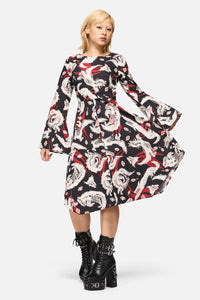 Black Friday - Louve Print Flare Sleeve Dress - black