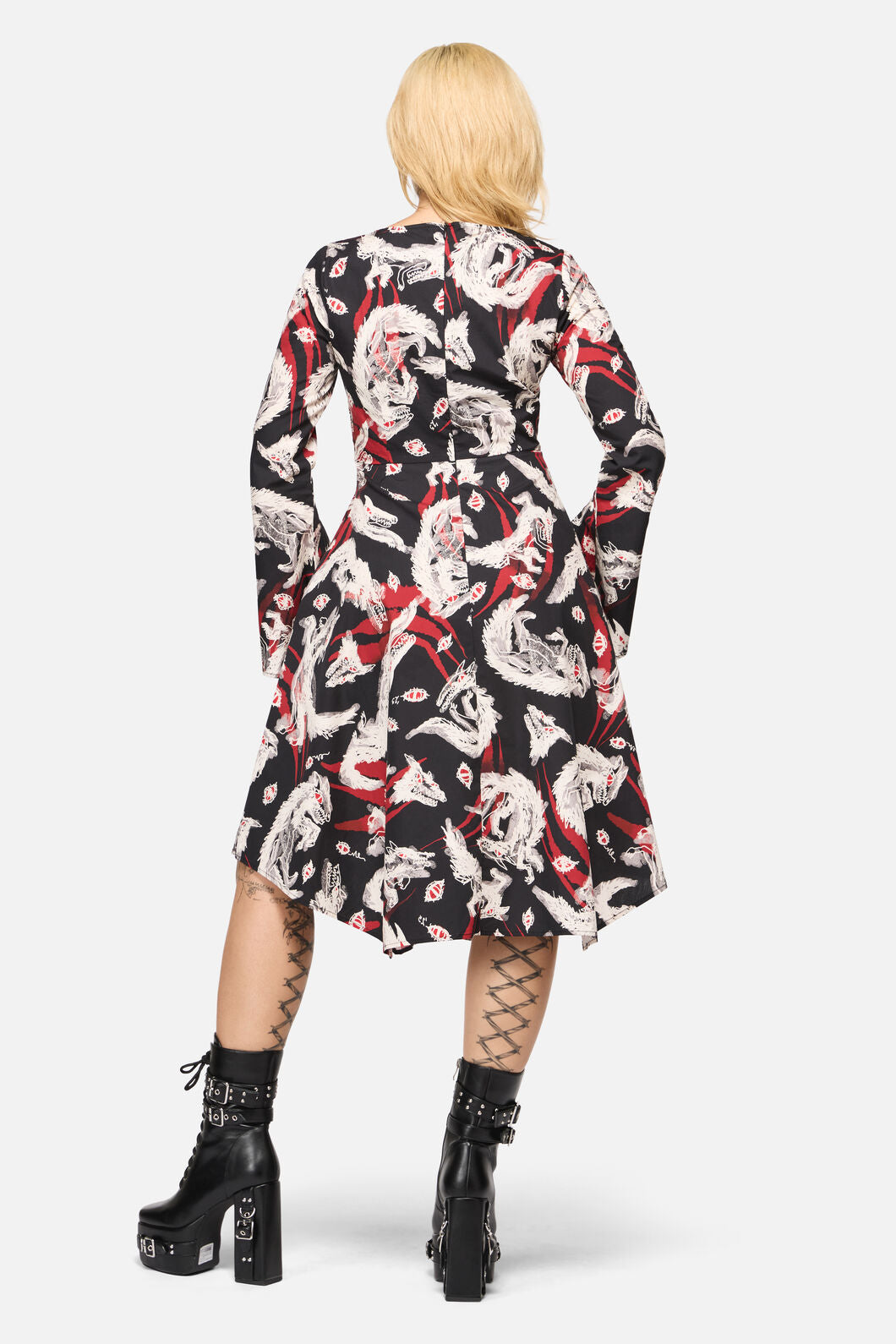 Black Friday - Louve Print Flare Sleeve Dress - black