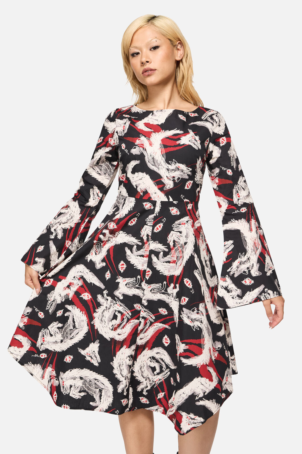 Black Friday - Louve Print Flare Sleeve Dress - black