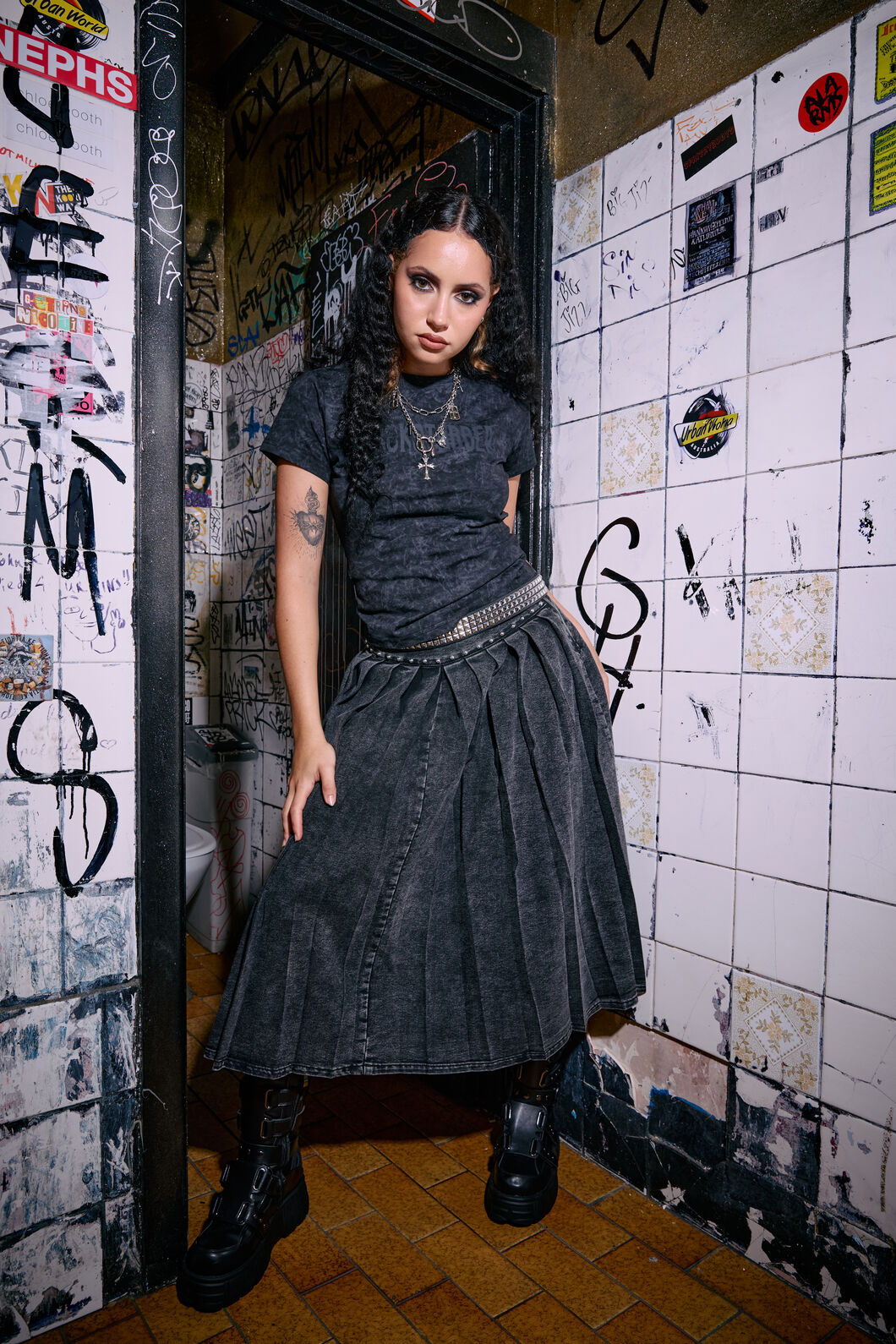 Black Friday - Riot Punk Denim Midi Skirt - black