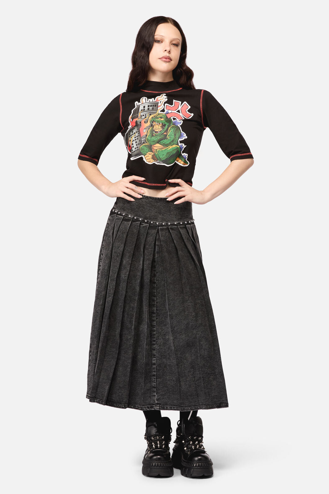 Black Friday - Riot Punk Denim Midi Skirt - black