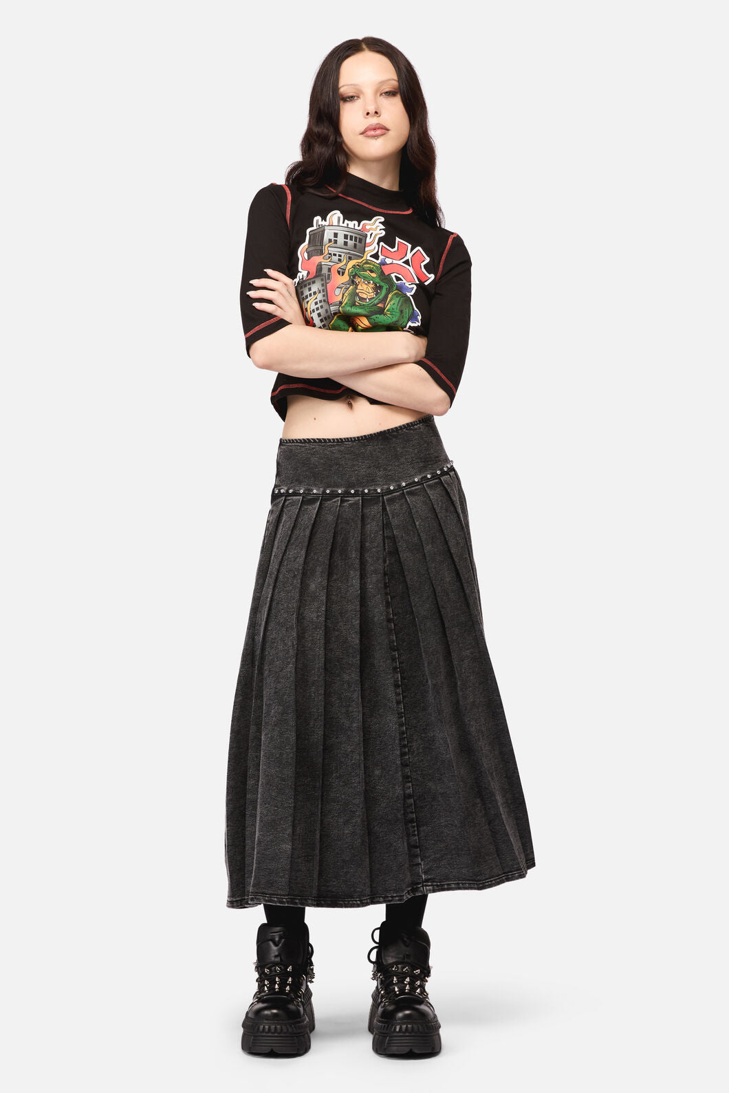 Black Friday - Riot Punk Denim Midi Skirt - black