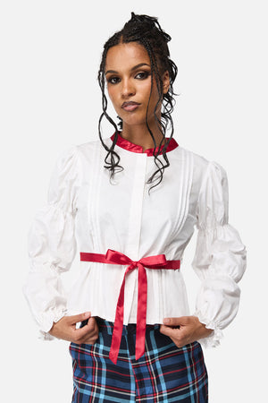 Black Friday - Dame Long Sleeve Ribbon Blouse - white