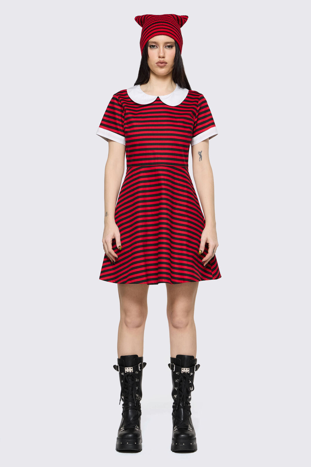 Black Friday - Trad Emo Stripe Skater Dress - black-red