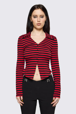 Black Friday - Trad Emo Stripe Jersey Top - black-red
