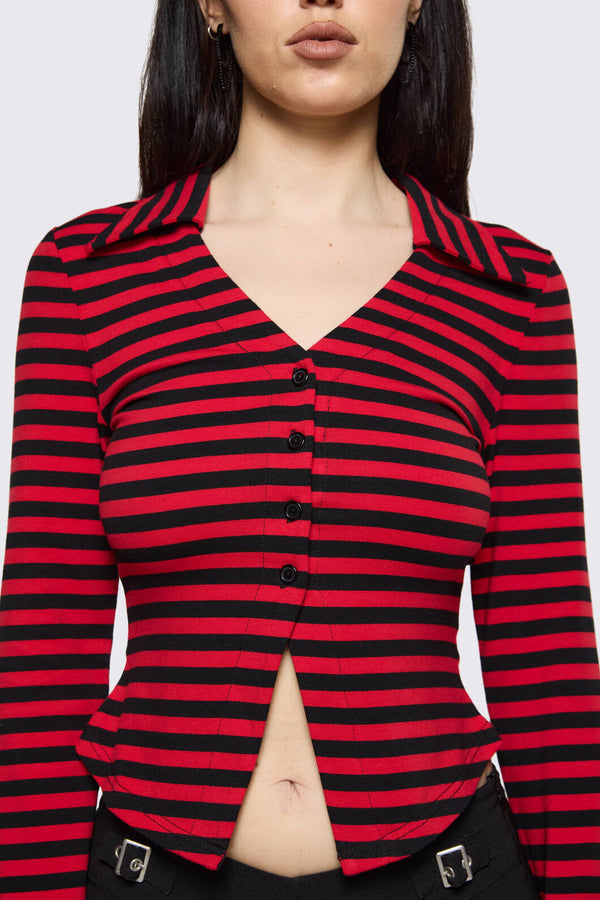 Black Friday - Trad Emo Stripe Jersey Top - black-red