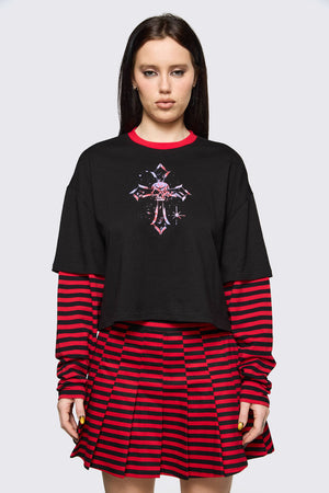 Black Friday - Trad Emo Crop Stripe T-Shirt - black-red