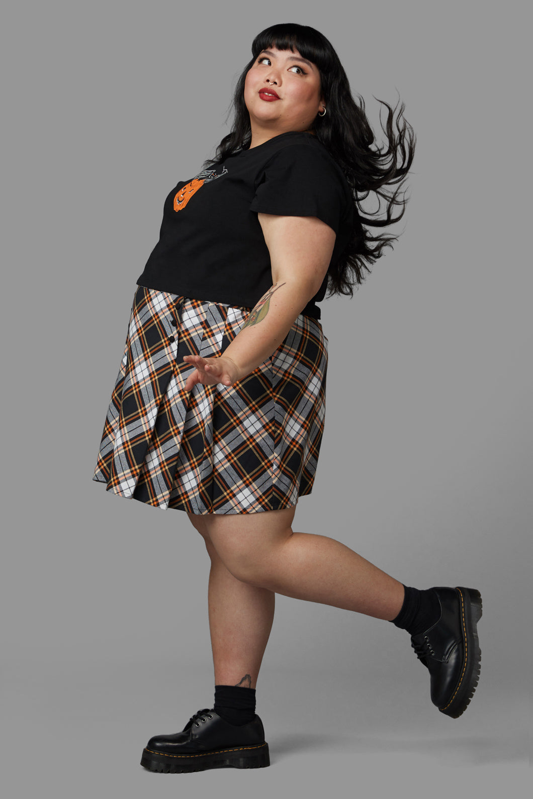 Black Friday - Curve Pumpkin Tartan Skirt - black-orange