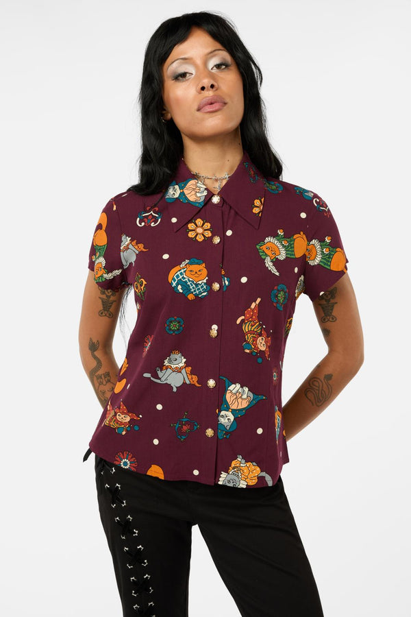 Black Friday - Left Right Print Blouse - maroon