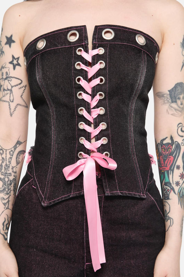 Black Friday - Scales Eyelet Denim Corset - black