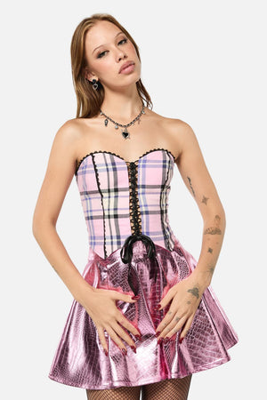 Black Friday - Dragon Scales Tartan Tie Up Corset - pink