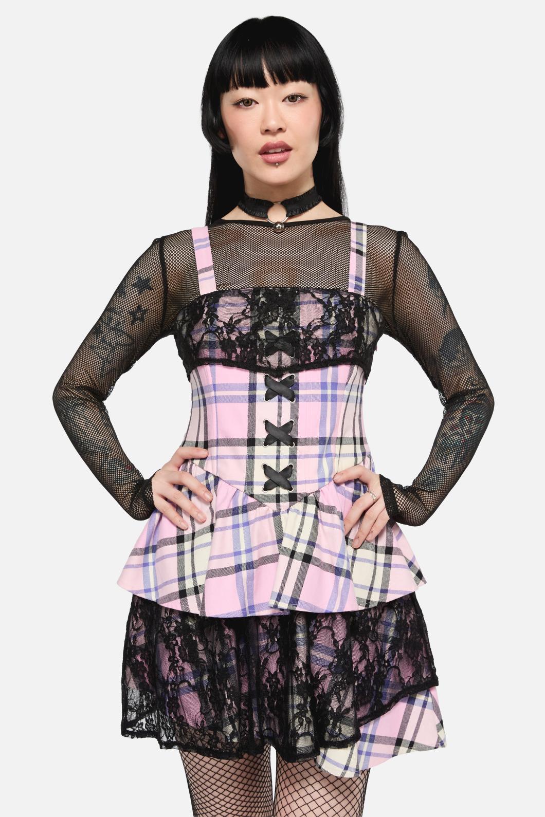 Black Friday - Dragon Scales Tartan Lacey Layered Dress - pink