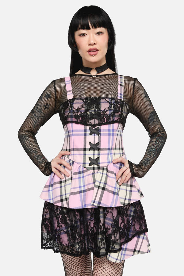 Black Friday - Dragon Scales Tartan Lacey Layered Dress - pink