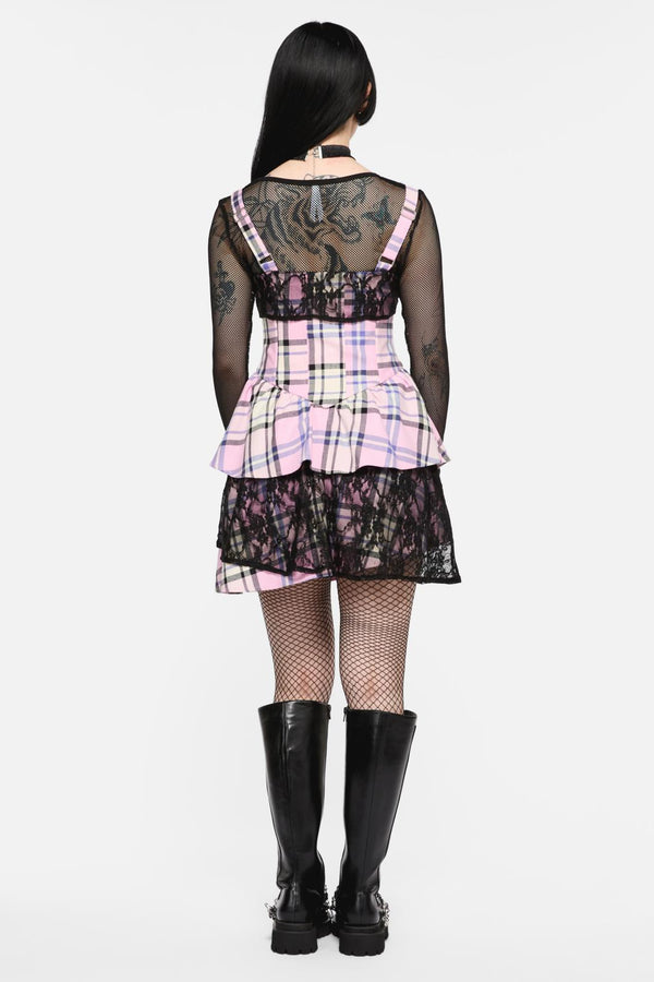Black Friday - Dragon Scales Tartan Lacey Layered Dress - pink