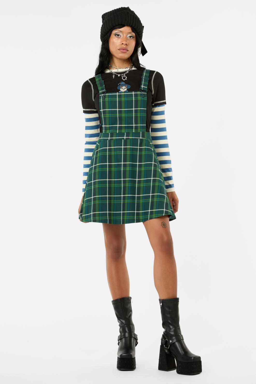 Black Friday - Jester Tartan Bib N Brace Pinafore - green