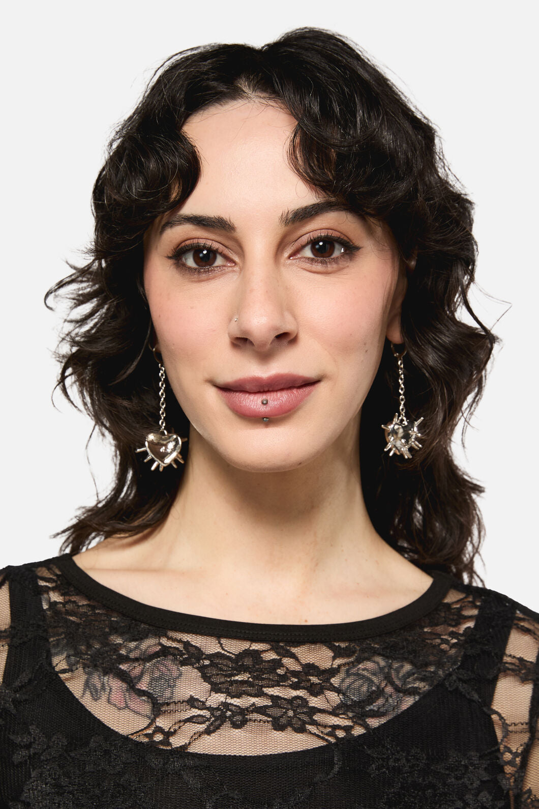 Black Friday - Spiked Heart Chain Earrings - silver