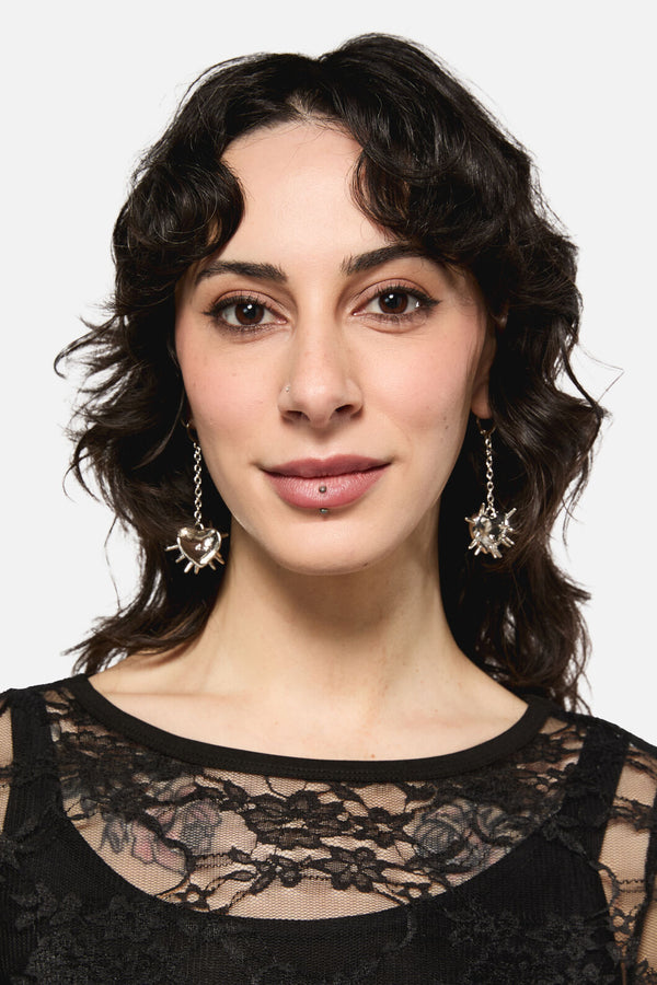 Black Friday - Spiked Heart Chain Earrings - silver