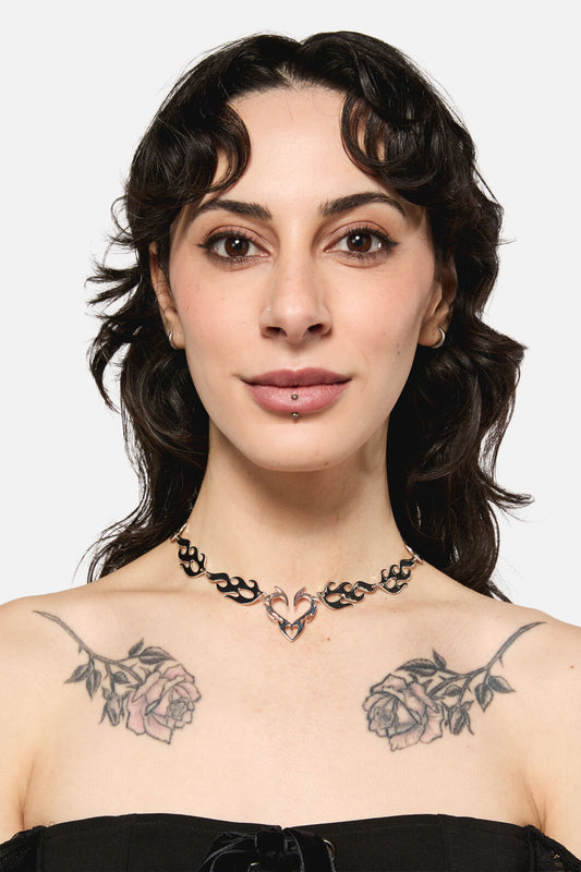 Black Friday - Flaming Tattoo Heart Necklace - silver