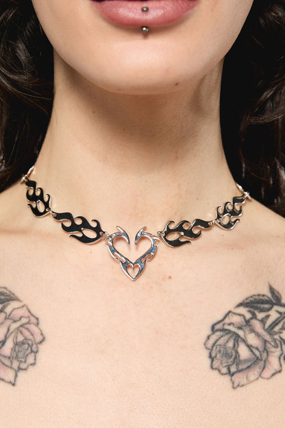 Black Friday - Flaming Tattoo Heart Necklace - silver