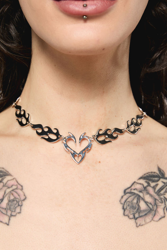 Black Friday - Flaming Tattoo Heart Necklace - silver