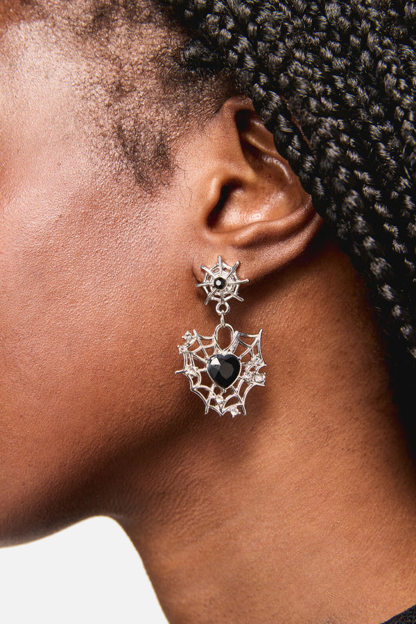 Black Friday - Cobweb Heart Earrings - silver
