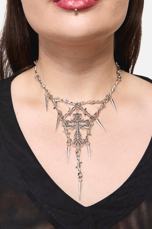 Black Friday - Spike Cross Barb Necklace - silver