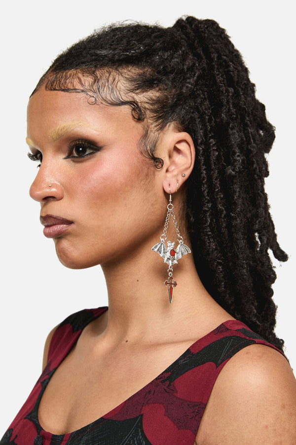 Black Friday - Bat Cross Earring - black-red