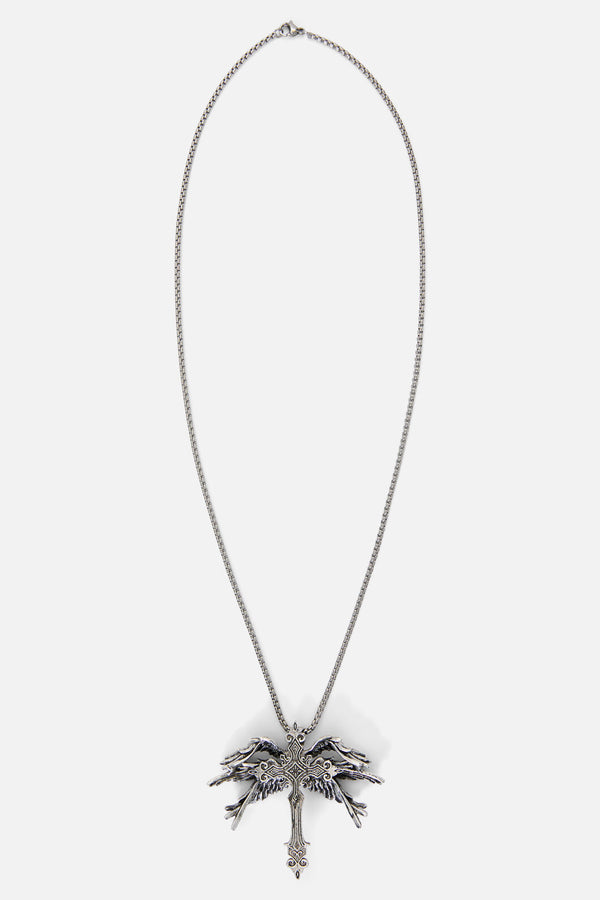 Black Friday - Abstract Winged Cross Necklace - silver