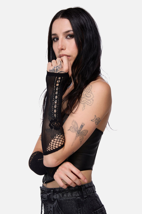 Black Friday - Rose Fishnet Gloves - black