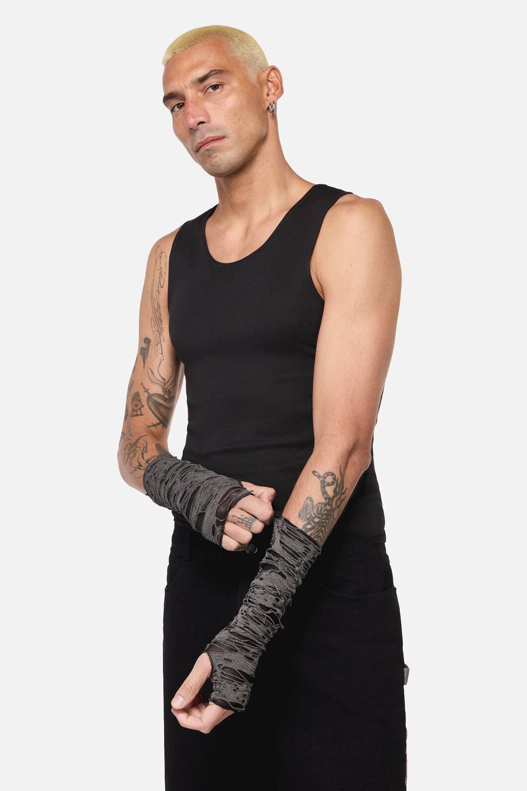 Black Friday - Faux Torn Long Fingerless Gloves - grey