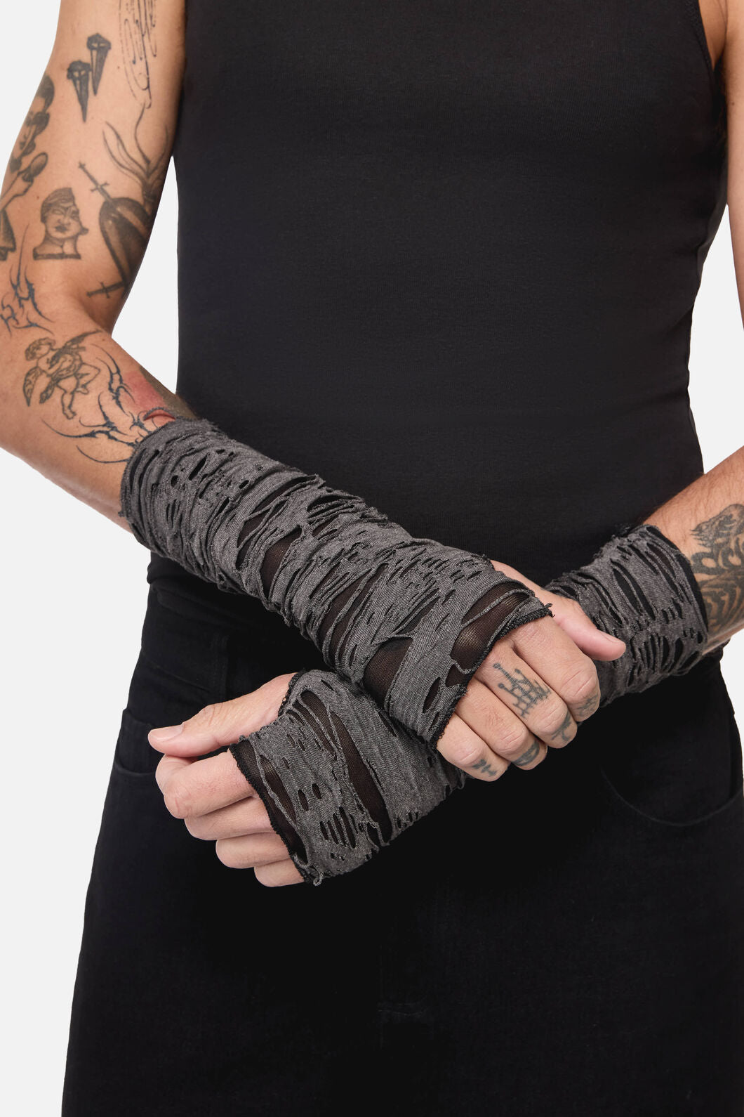 Black Friday - Faux Torn Long Fingerless Gloves - grey