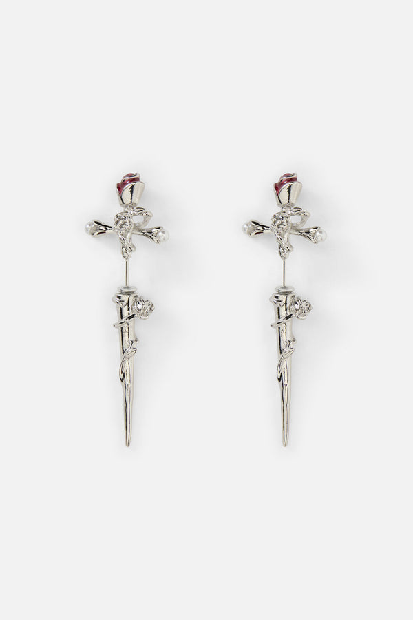 Black Friday - Floral Sword Through Earrings - silver