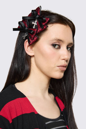 Black Friday - Lace Bow Cross Hair Clip Set - black-red