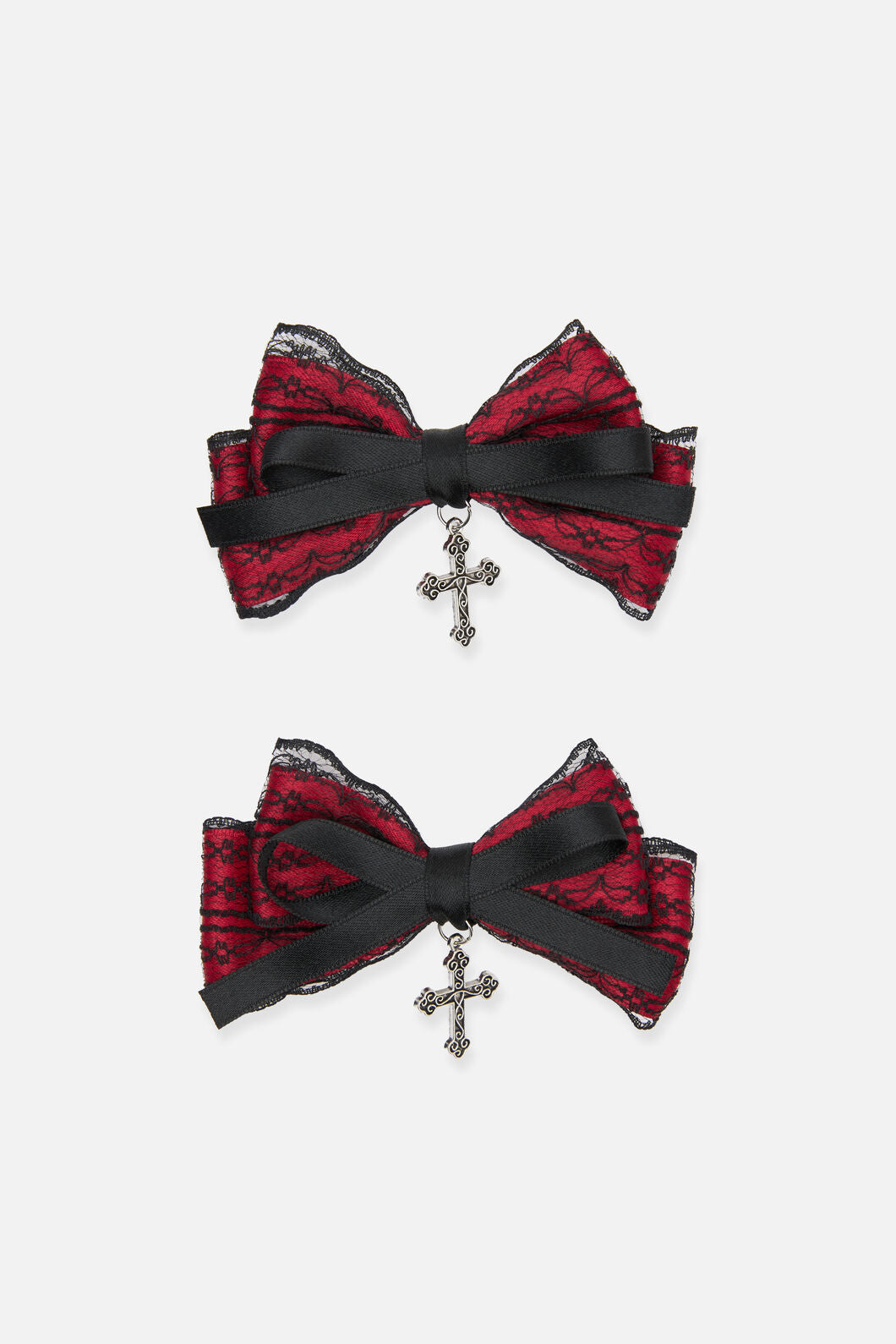 Black Friday - Lace Bow Cross Hair Clip Set - black-red