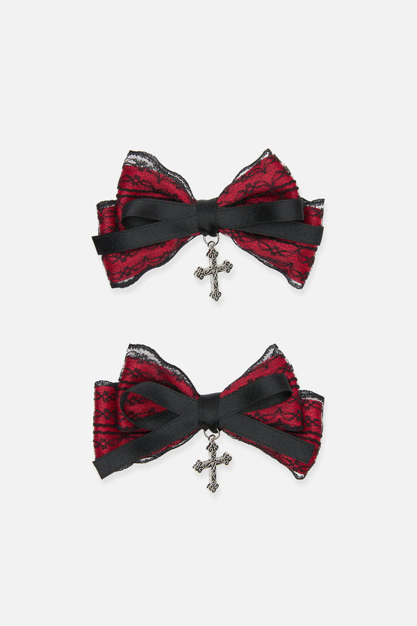 Black Friday - Lace Bow Cross Hair Clip Set - black-red