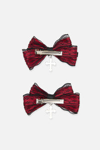 Black Friday - Lace Bow Cross Hair Clip Set - black-red
