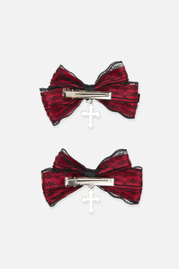Black Friday - Lace Bow Cross Hair Clip Set - black-red