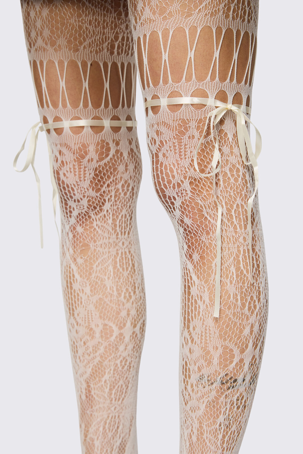 Black Friday - Cream Ribbon Tie Mesh Tights - cream