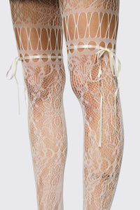 Black Friday - Cream Ribbon Tie Mesh Tights - cream