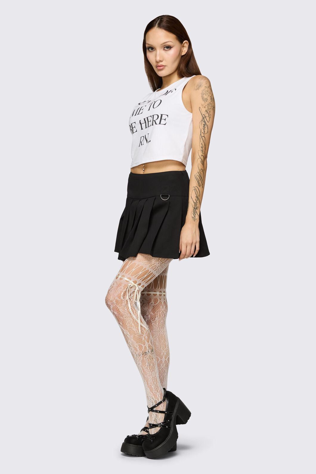 Black Friday - Cream Ribbon Tie Mesh Tights - cream