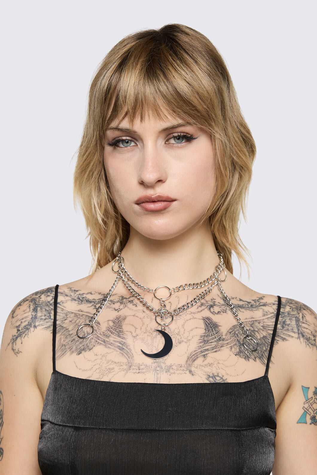 Black Friday - Ring & Chain Crescent Necklace - silver