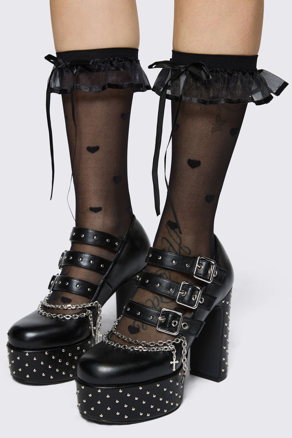Black Friday - Heart Mesh Ruffle Long Socks - black