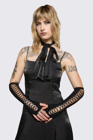 Black Friday - Long Criss Cross Fingerless Gloves - black