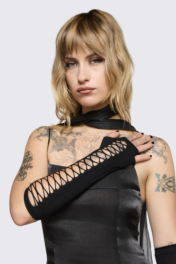 Black Friday - Long Criss Cross Fingerless Gloves - black